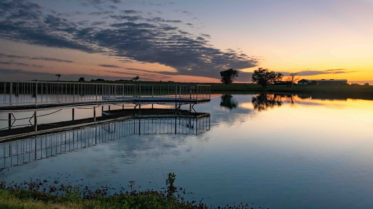 Golden sunset over Lavender Hill's pond