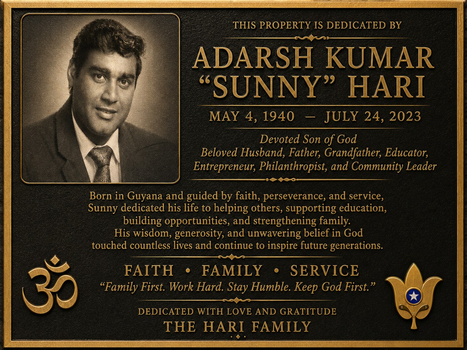 Dedication plaque honoring Adarsh Kumar Sunny Hari