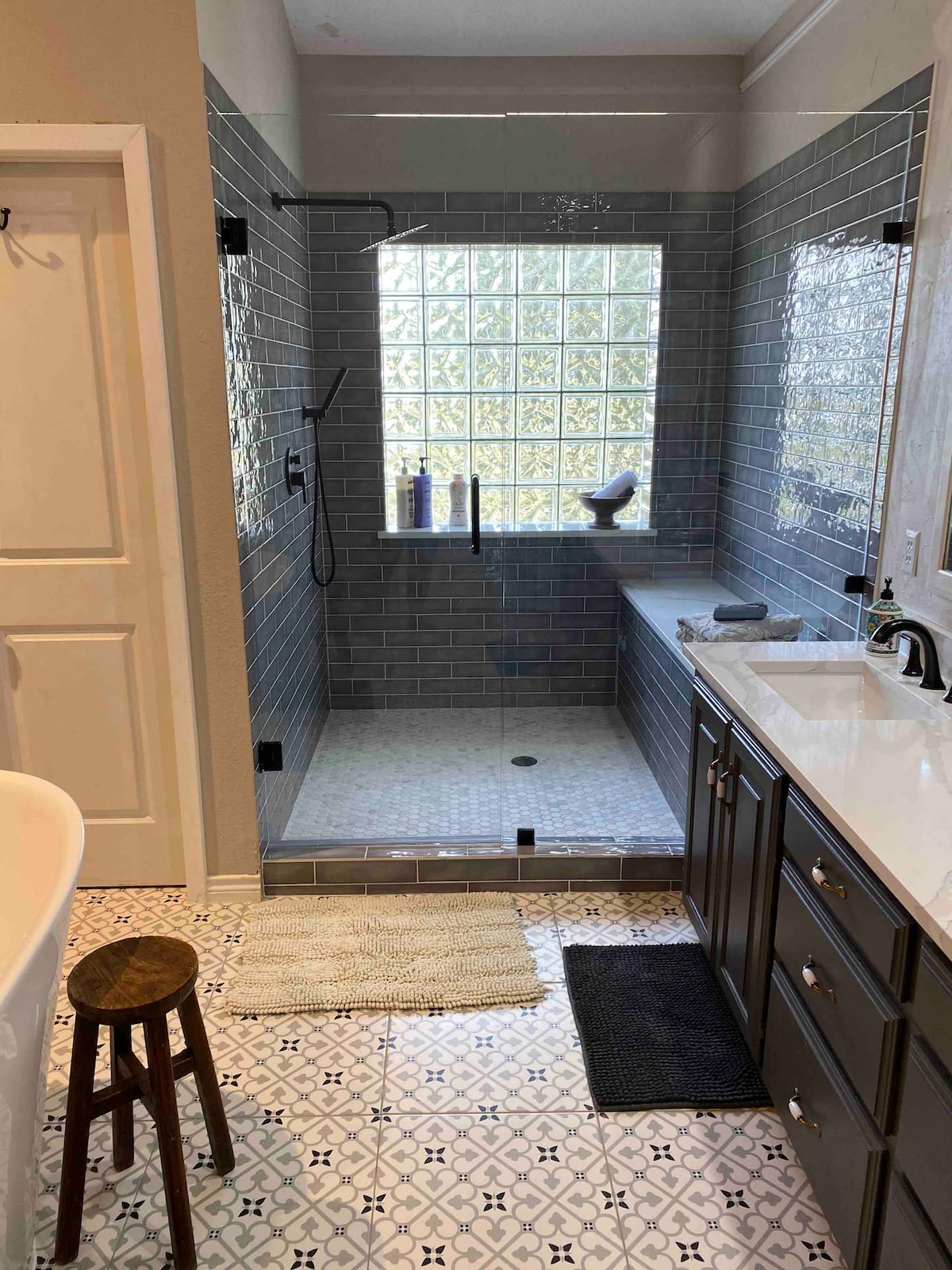 Glass-block walk-in shower
